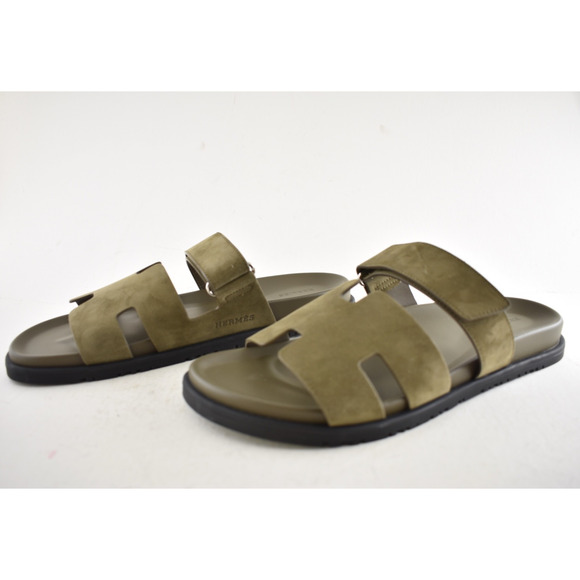 Hermes Chypre Sandal Mens Vert Toundra Green Suede Black H Logo Slide Flat 46 13 - Picture 15 of 16